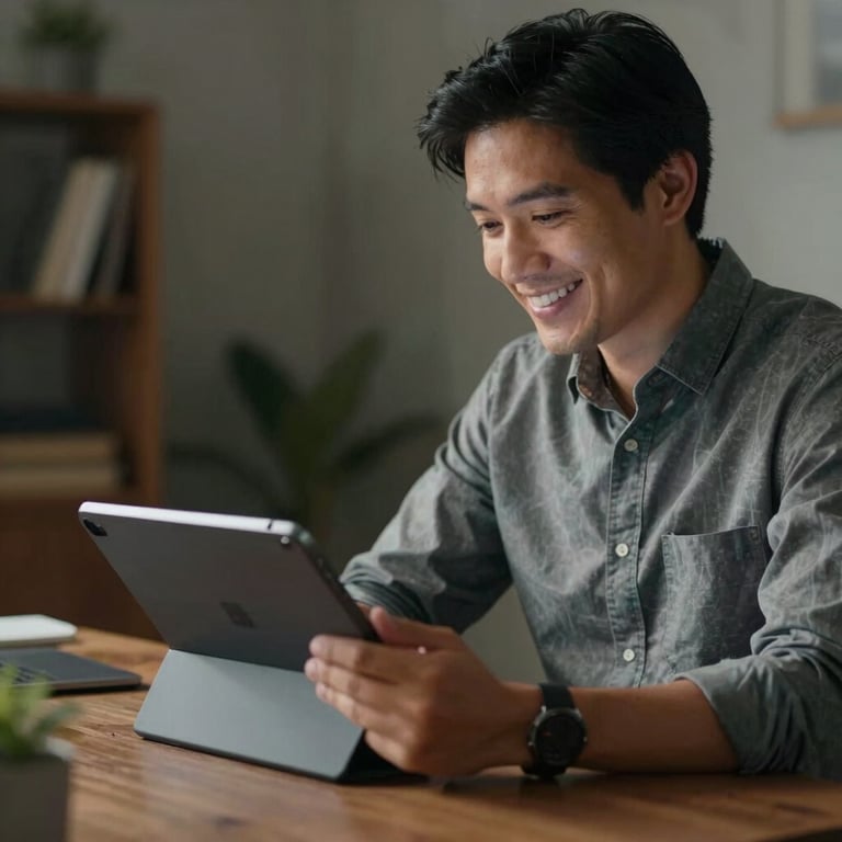 A South American professional at a desk, smiling while using a high-end digital communication tablet.