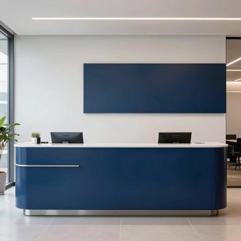 A clean, minimalist reception area of a tech company in São Paulo with Navy Blue accents.