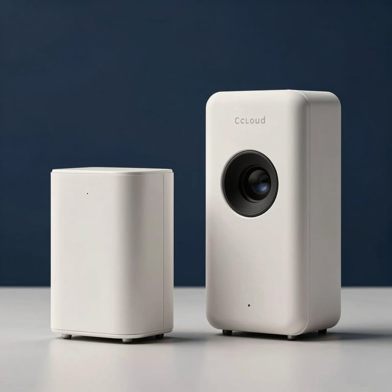 Modern cloud computing visualization represented by sleek hardware in a clean, Off-white and Dark Blue environment.