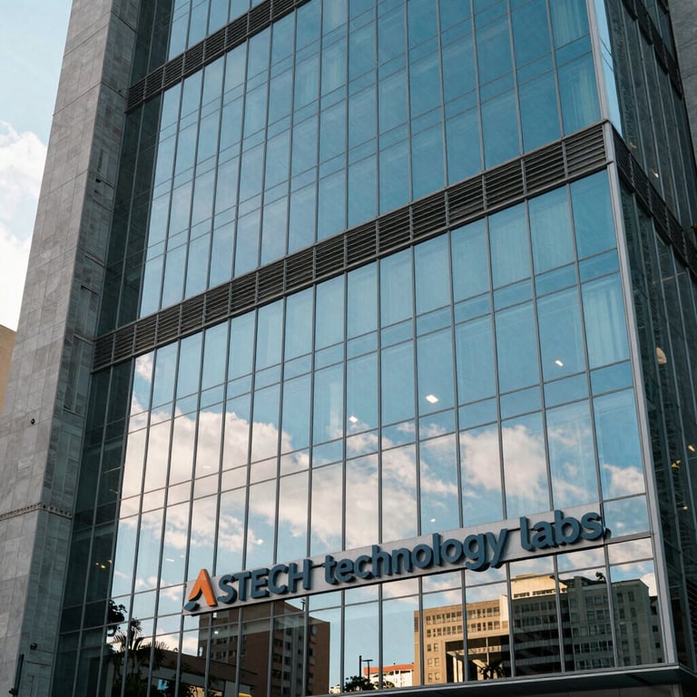 Exterior of a modern Brazilian glass office building reflecting a Sky Blue sky, home of ASTECH technology labs.