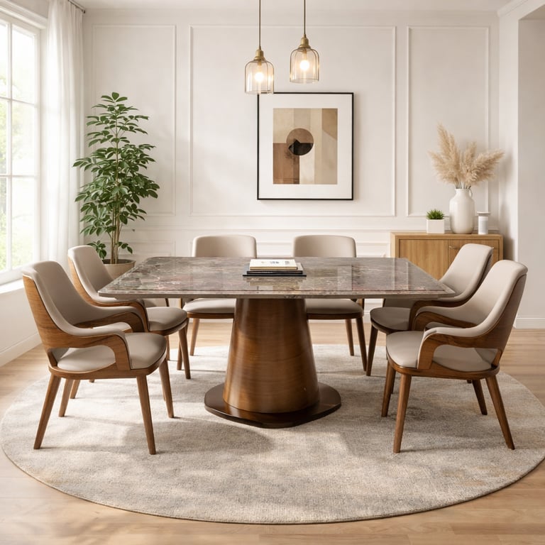 Modern dining room featuring a square marble top table with mid-century wood chairs on a round rug.