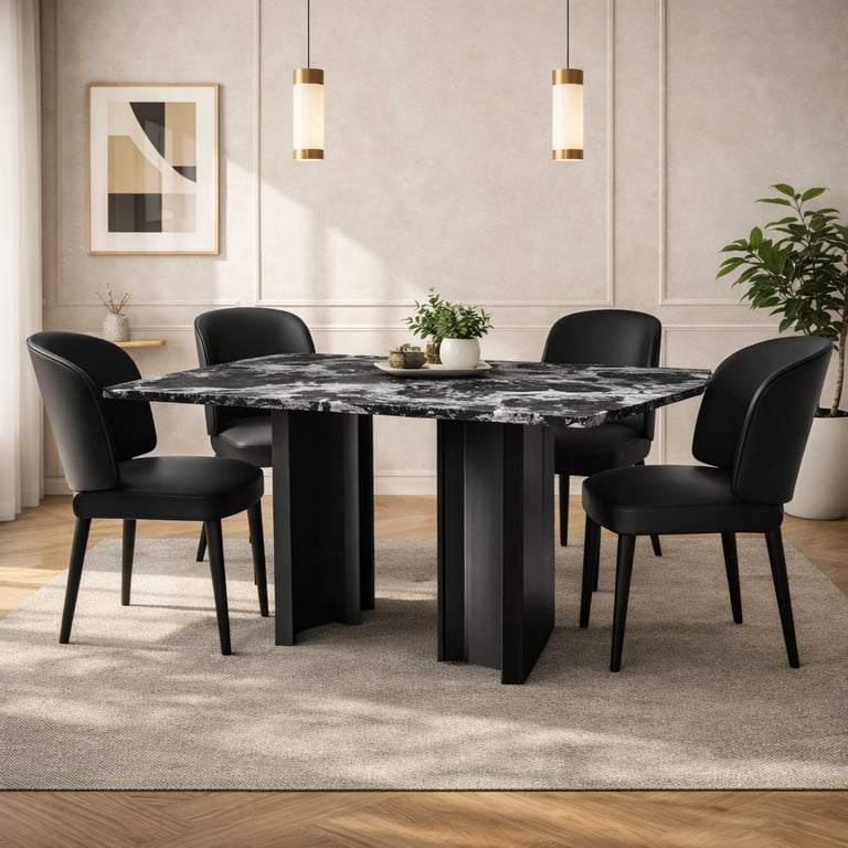 Modern dining room featuring a black marble table and four leather chairs on a neutral rug.
