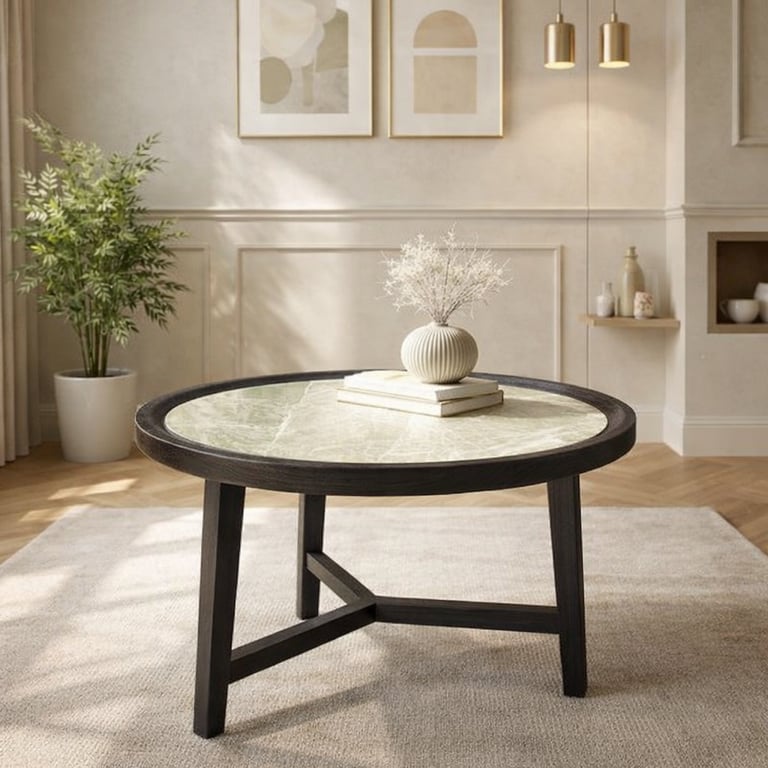 Modern round coffee table with dark wood frame and marble top in a minimalist living room.