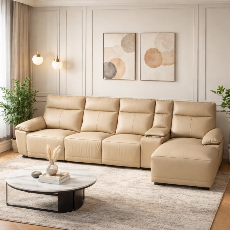 Beige leather reclining sectional sofa with chaise and marble coffee table in a modern living room.