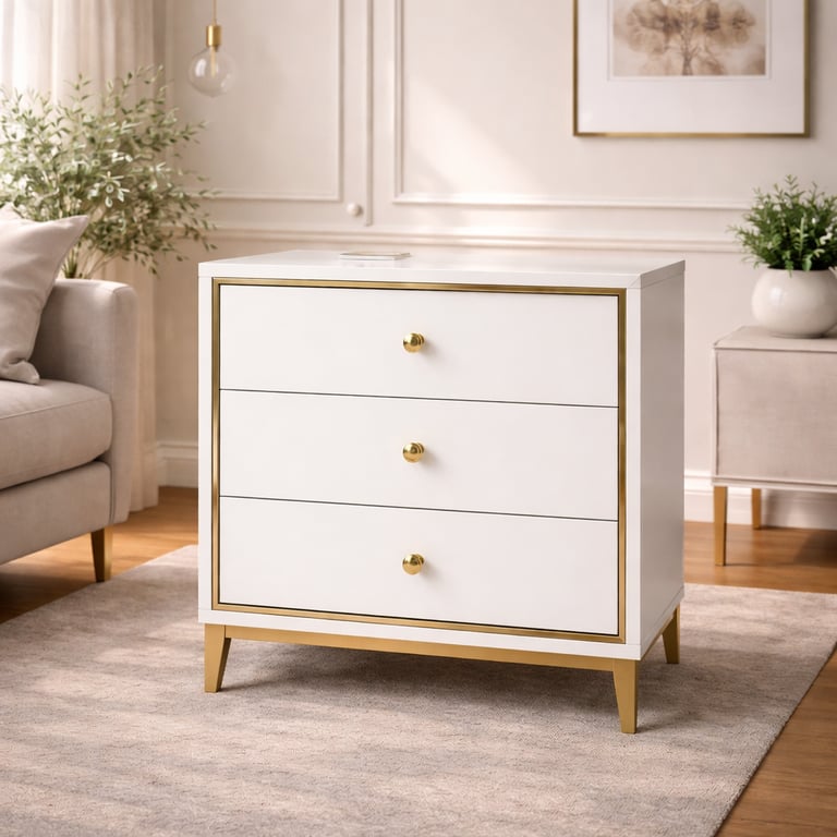Modern white three-drawer nightstand with gold trim and hardware in a bright living room.