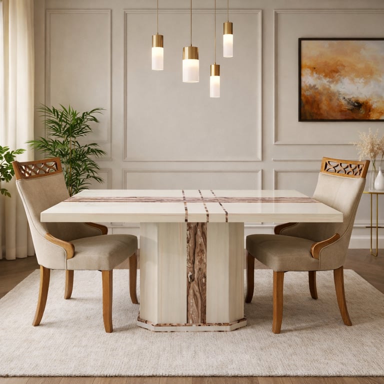 Modern white marble dining table with gold pendant lights and upholstered chairs in a luxury room.