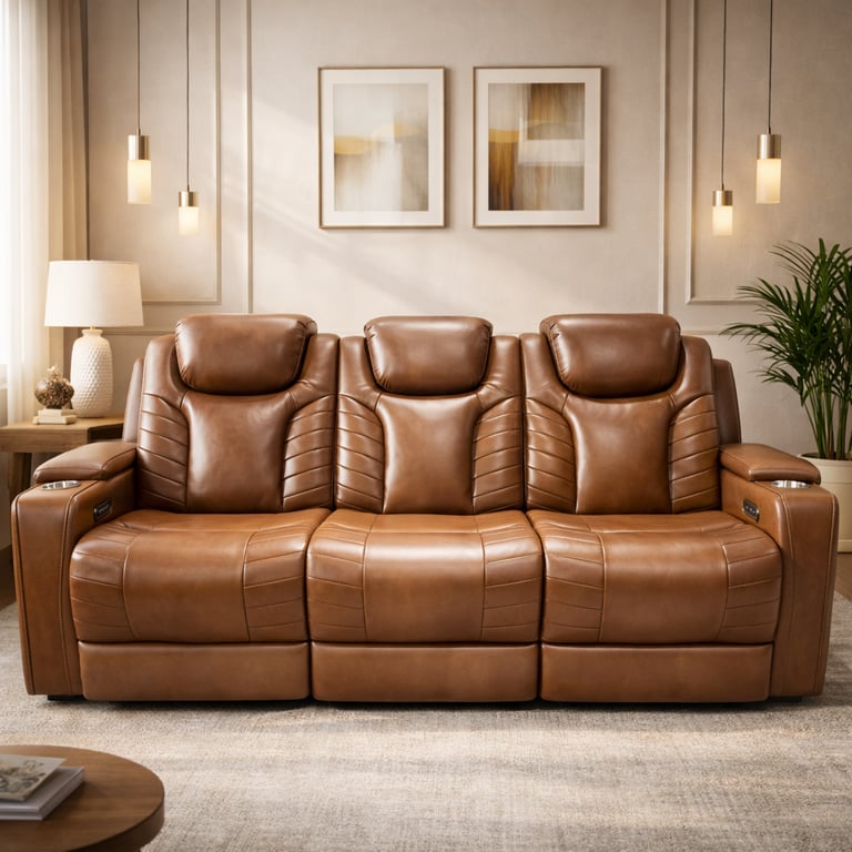 Modern brown leather power reclining sofa with cup holders in a minimalist living room.