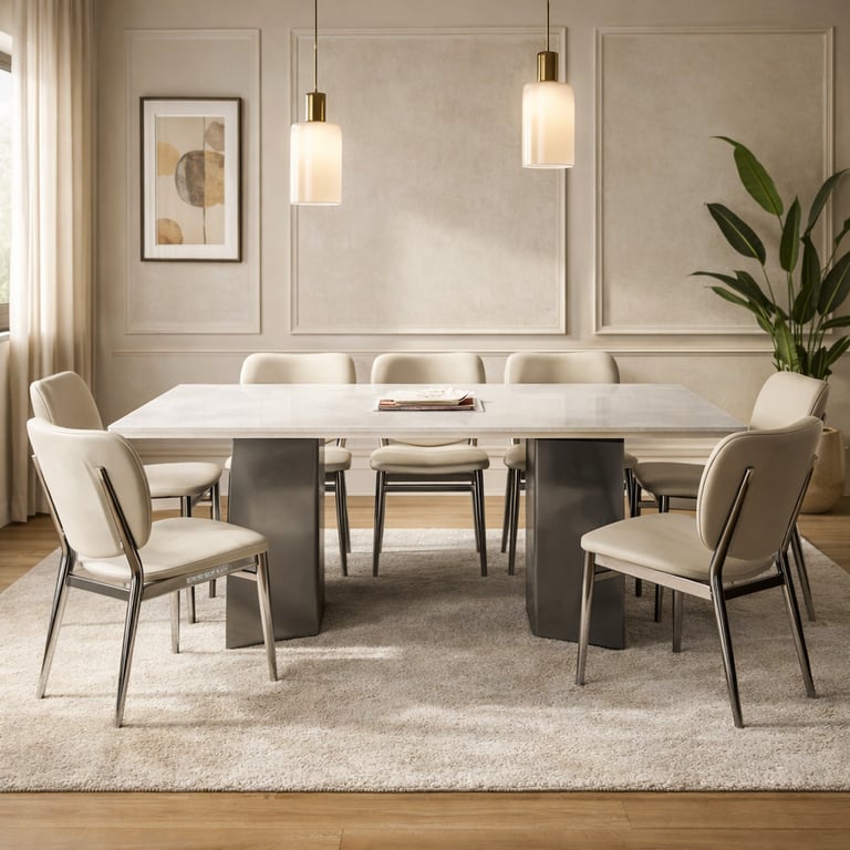 Modern luxury dining room featuring a white marble table with beige upholstered chairs and pendant lights.