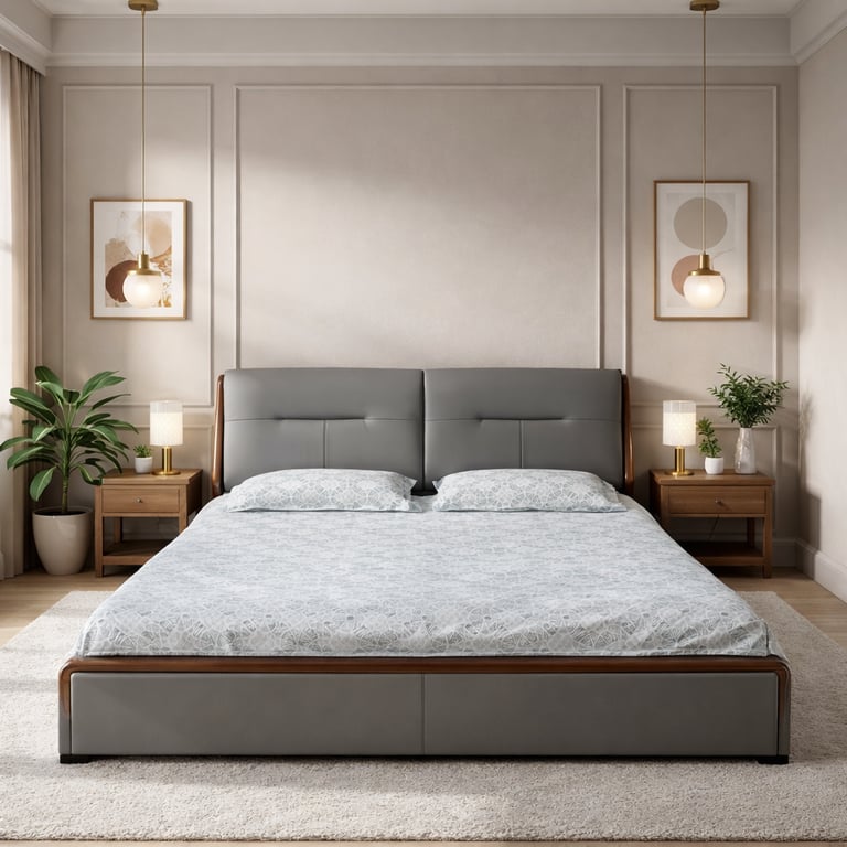 Modern master bedroom featuring a gray upholstered platform bed with wood accents and gold pendant lighting.