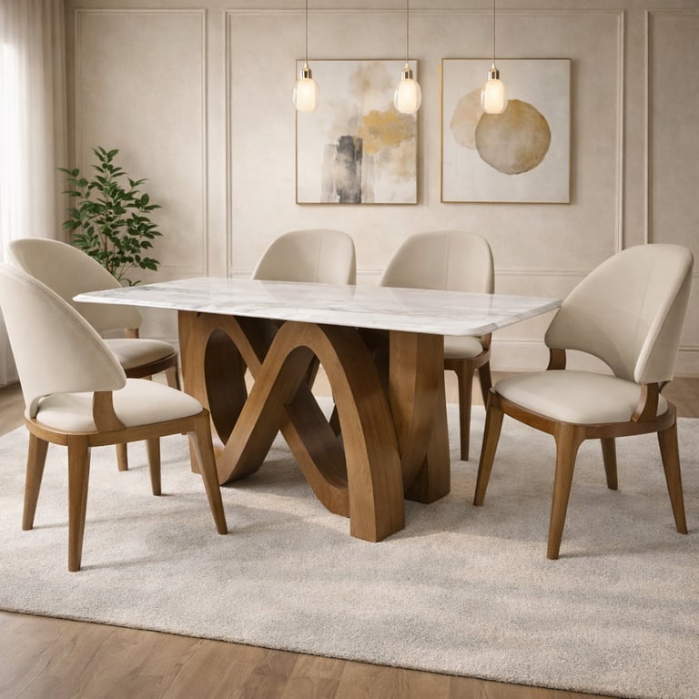 Modern marble dining table with a sculptural wood base and beige upholstered chairs in a neutral dining room.