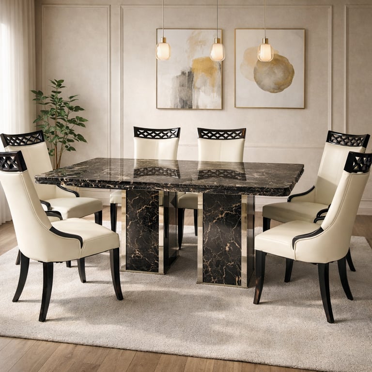 Luxury black marble dining table with cream leather chairs in a modern, elegant dining room.