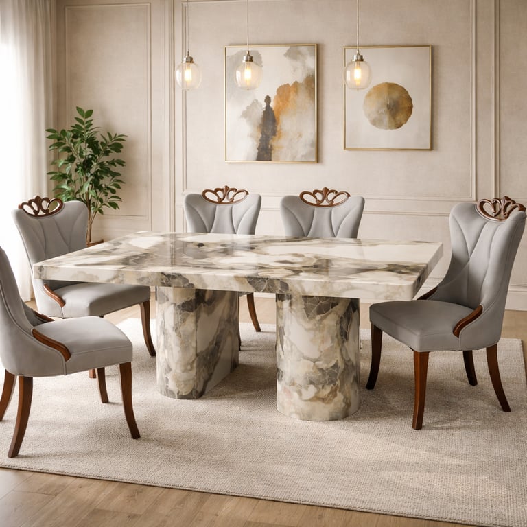 Modern luxury dining room featuring a marble pedestal table and gray velvet upholstered chairs.