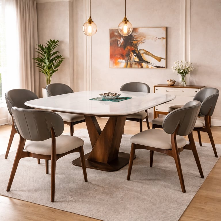 Modern dining room featuring a white marble square table and grey upholstered chairs with walnut legs.
