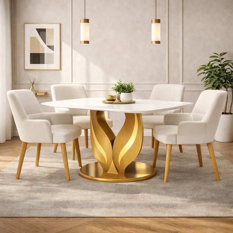 Modern white dining table with gold pedestal base and upholstered chairs in a luxury home interior.
