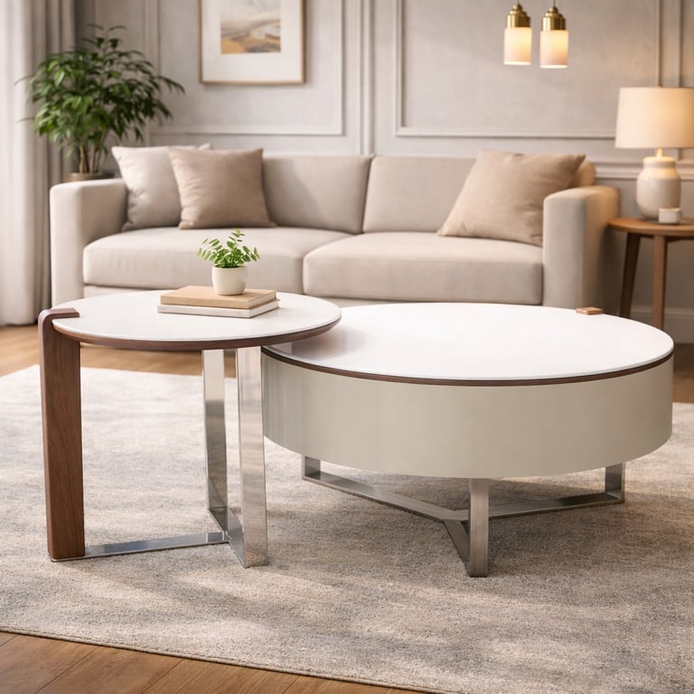 Modern nesting coffee tables with white tops and metal legs in a minimalist living room.