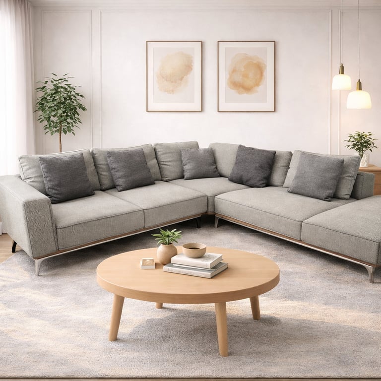 Modern grey sectional sofa with a round wooden coffee table in a minimalist living room.