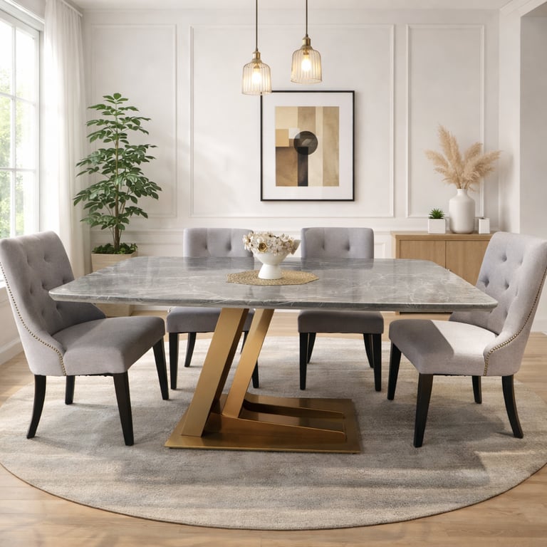 Modern dining room featuring a grey marble table with a gold pedestal base and tufted grey chairs.