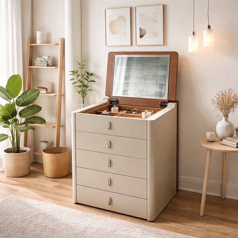 Modern cream bedroom dresser with a flip-top mirror and built-in jewelry organizer in a bright room.