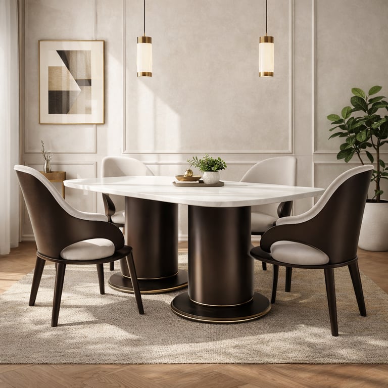 Modern marble dining table with bronze pedestal base and elegant upholstered chairs in a luxury room.