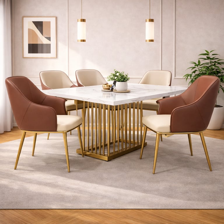 Modern dining room set featuring a white marble table with gold legs and leather chairs.