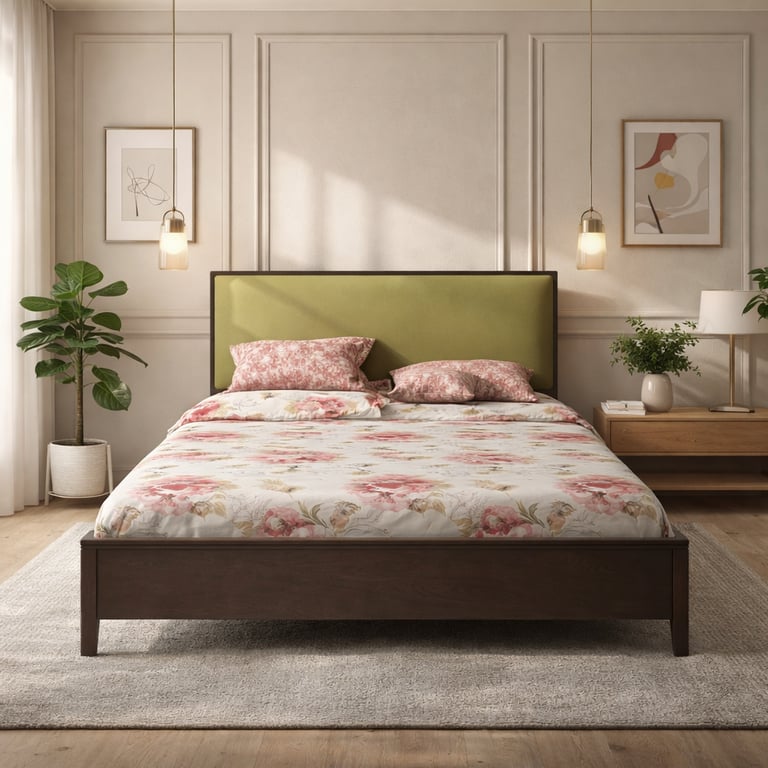 Modern wooden bed frame with a green upholstered headboard and floral bedding in a minimalist bedroom.