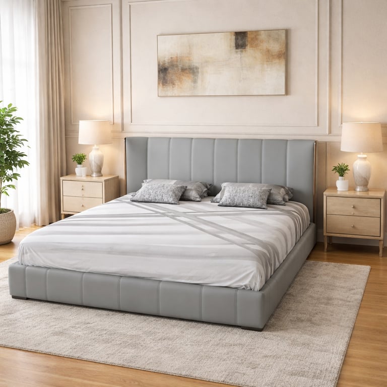 Modern grey leather tufted bed frame with matching nightstands and elegant bedroom decor.