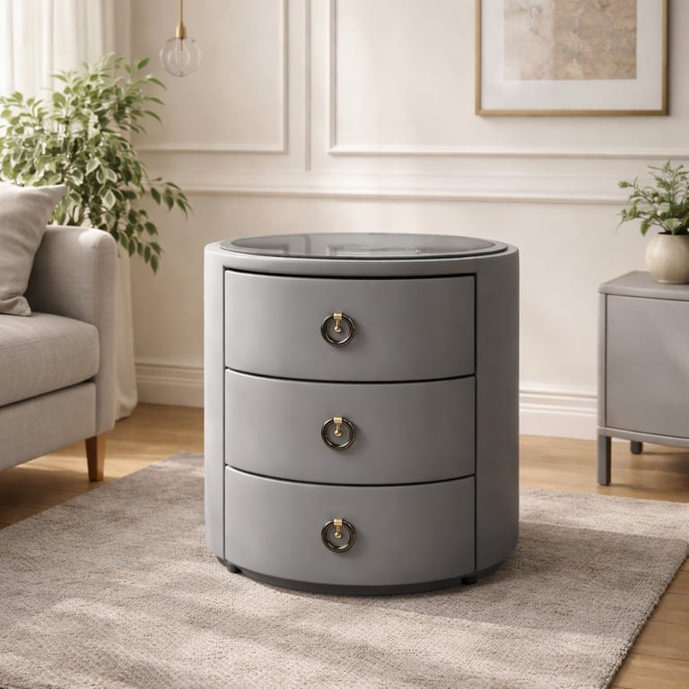 Modern grey round nightstand with three drawers and gold ring pulls on a plush rug in a living room.