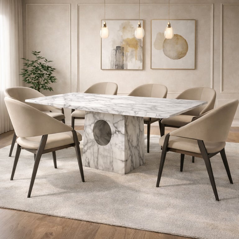 Modern white marble dining table with beige upholstered chairs in a luxury minimalist dining room.
