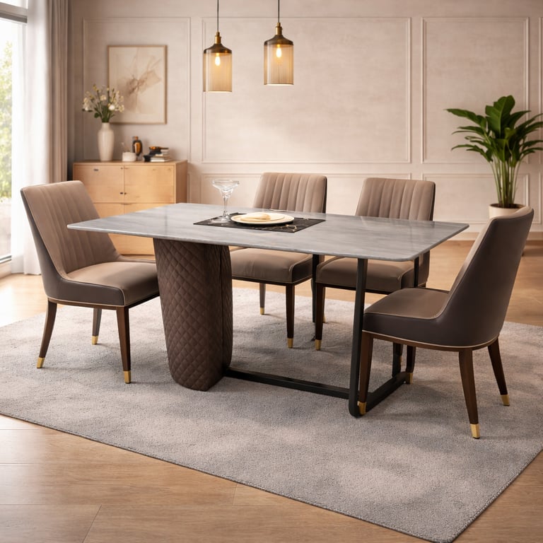 Modern marble dining table set with upholstered velvet chairs and a unique quilted base design.