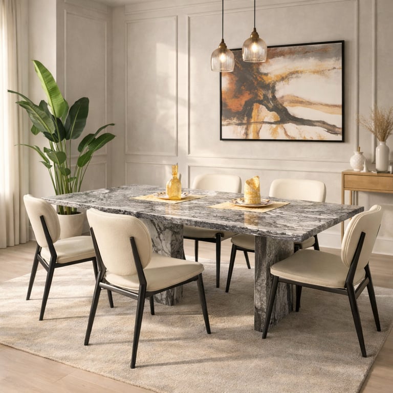 Modern dining room featuring a grey marble dining table and cream upholstered chairs with black legs.