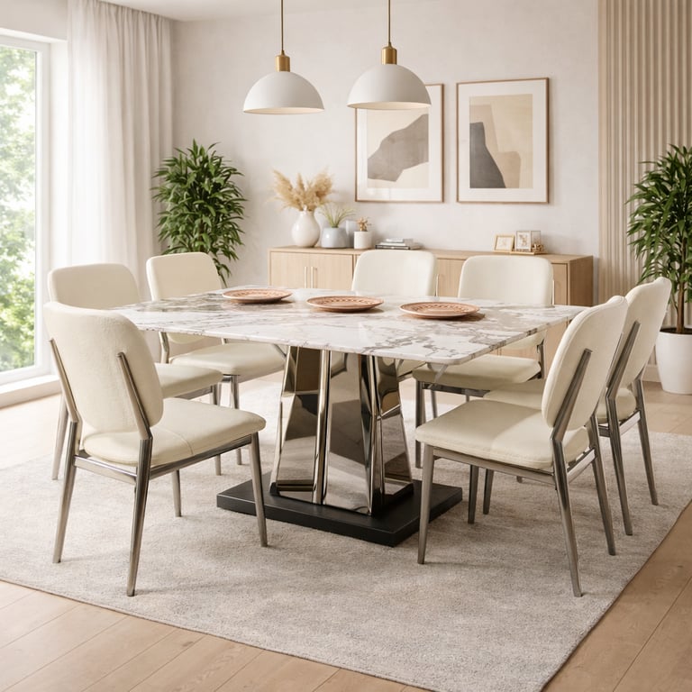 Modern dining room featuring a white marble dining table and cream upholstered chairs.