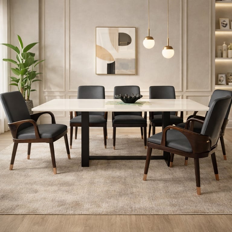 Modern dining room featuring a white marble table and black upholstered chairs on a neutral area rug.