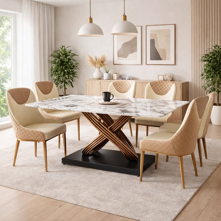Modern marble dining table with bronze pedestal base and beige tufted chairs in a bright room.