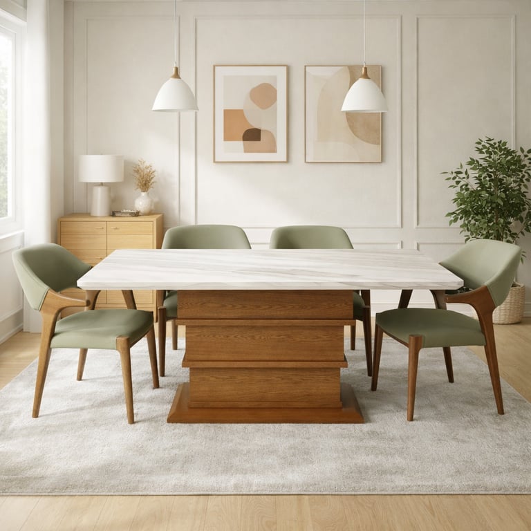 Modern marble dining table with green upholstered chairs in a minimalist room with pendant lights.