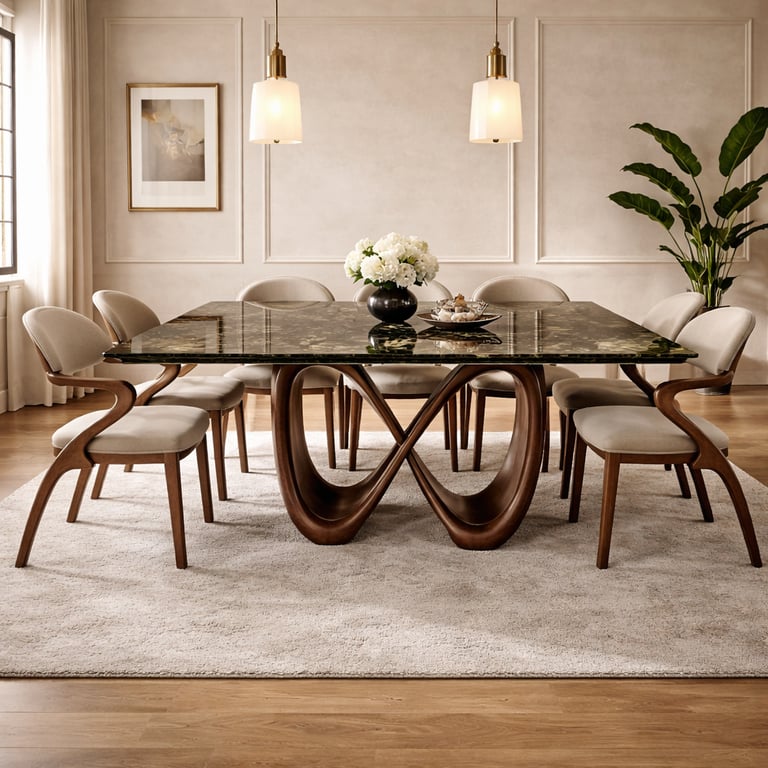 Modern luxury dining room featuring a black marble table with a sculptural wood base and beige upholstered chairs.