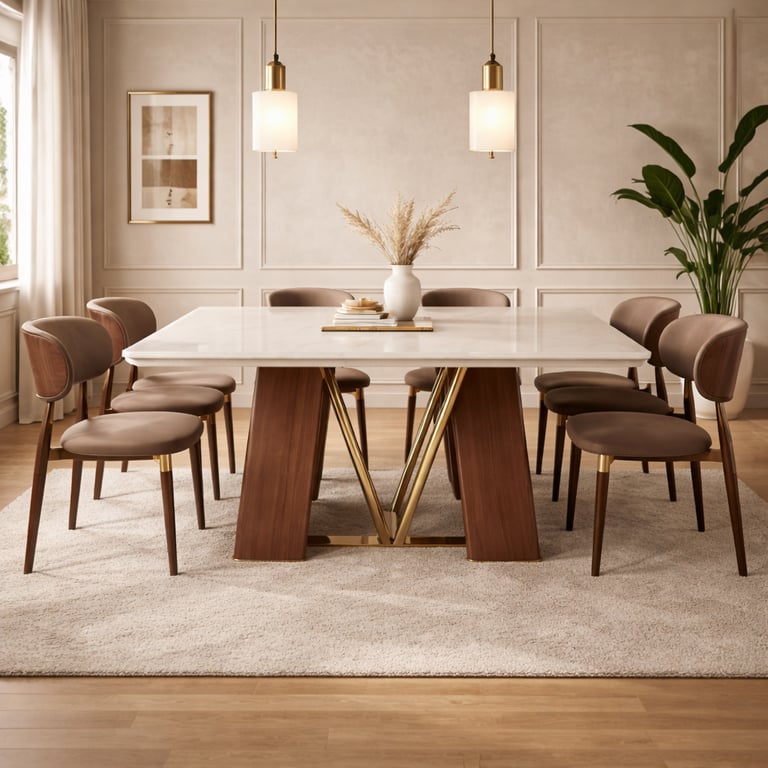 Modern dining room featuring a white marble table with gold accents and brown upholstered chairs.