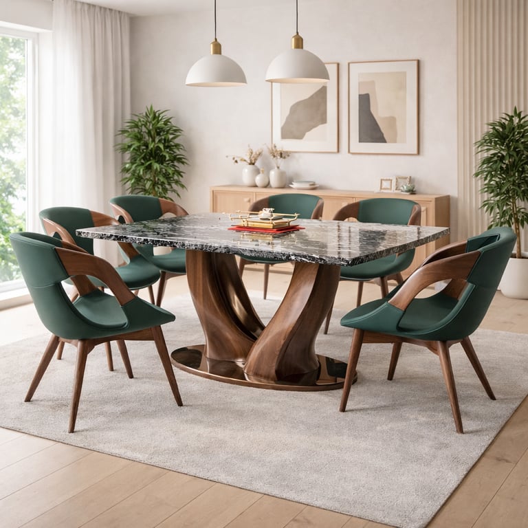 Modern dining room featuring a black marble table and green upholstered wood chairs on a neutral rug.