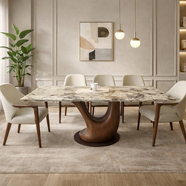 Modern marble dining table with curved wood base and cream chairs in a minimalist room.