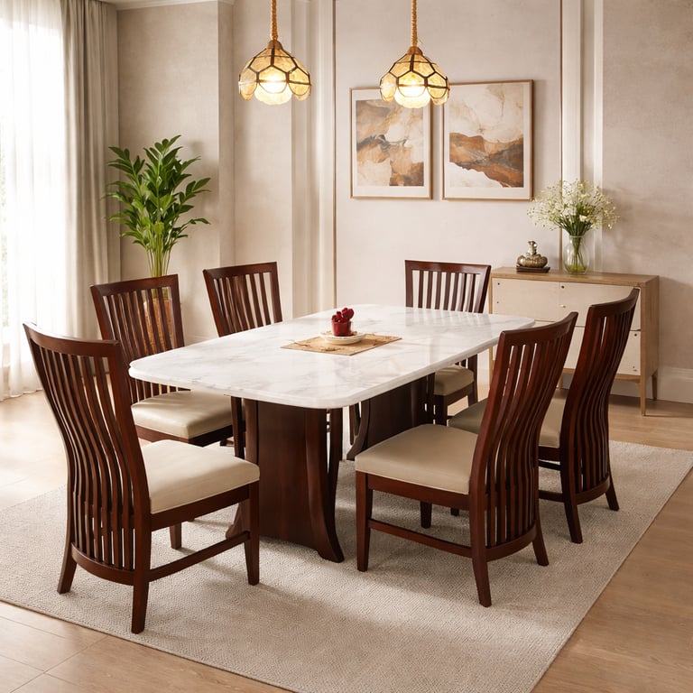 Elegant marble top dining table set with six dark wood chairs on a beige area rug.
