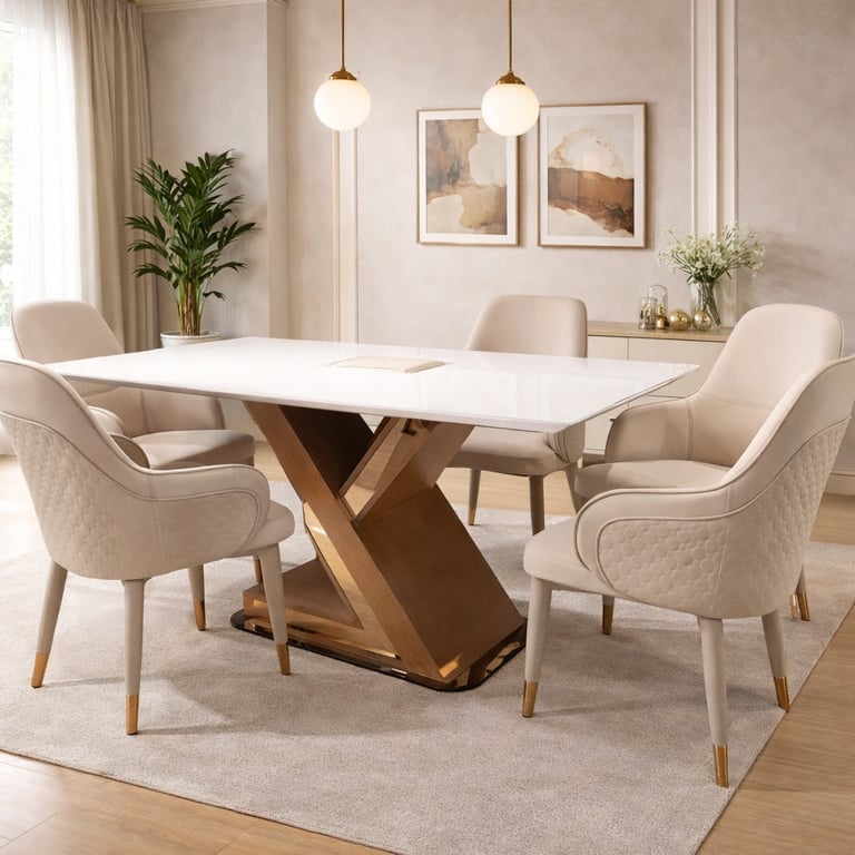 Modern white dining table with gold geometric base and cream upholstered chairs in a luxury room.