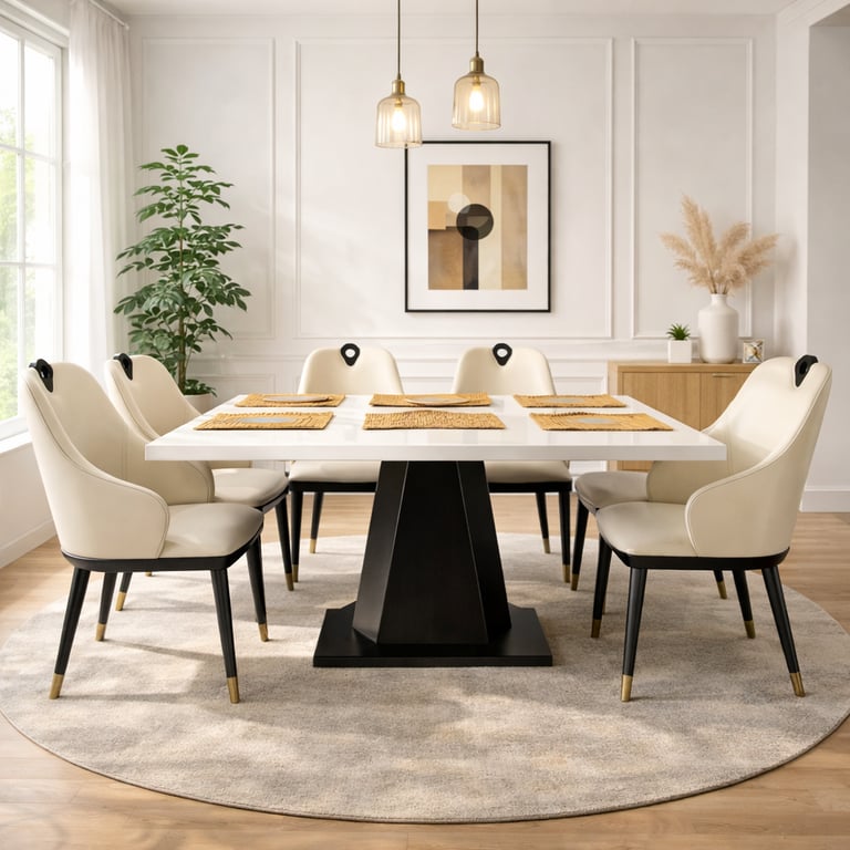 Modern white dining table with black pedestal base and cream upholstered chairs in a bright room.