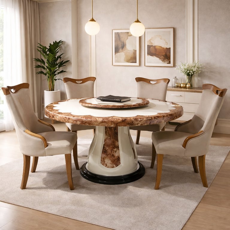 Luxury round marble dining table with Lazy Susan and four beige upholstered chairs in a modern room.