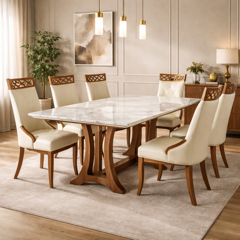 Elegant marble top dining table with six cream leather chairs in a modern luxury dining room.