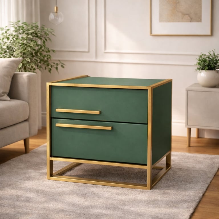 Modern emerald green nightstand with gold metal frame and handles on a plush rug.