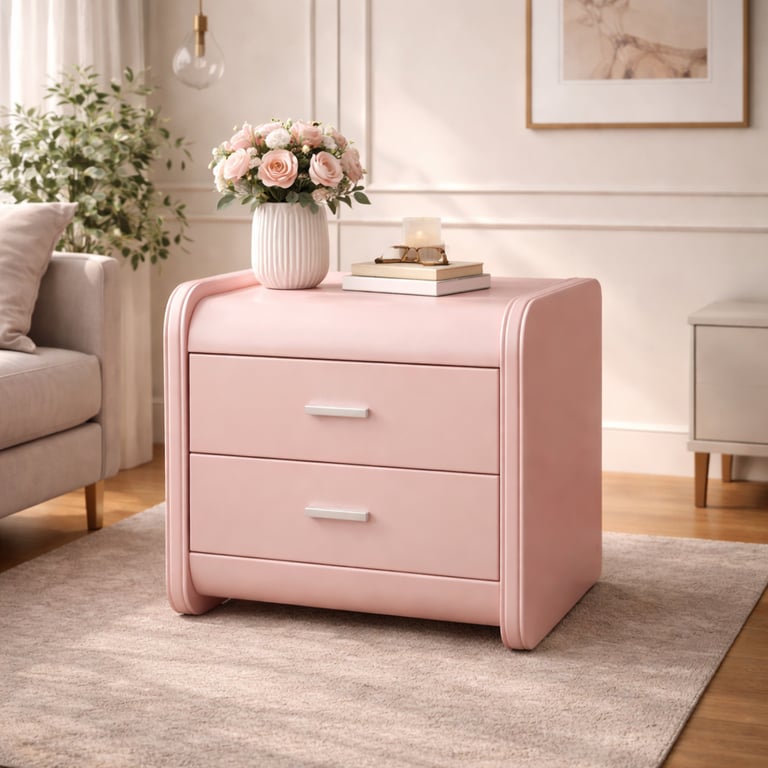 Modern light pink nightstand with two drawers and flowers in a cozy bedroom setting.