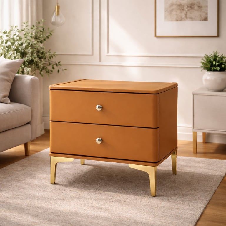 Modern tan leather nightstand with two drawers and gold metal legs in a bright living room.