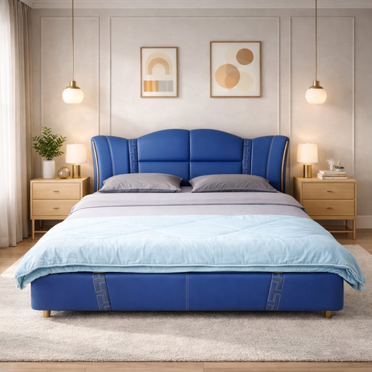Modern blue leather upholstered bed frame with winged headboard and wooden nightstands.
