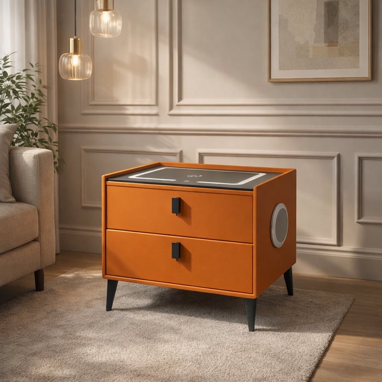 Modern orange smart nightstand with wireless charging and built-in speakers in a living room.