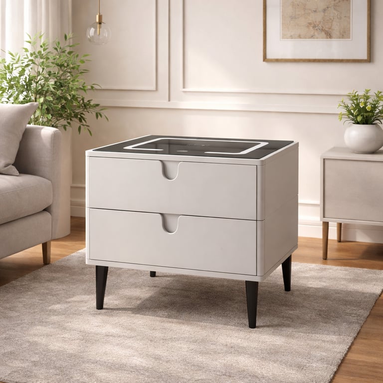 Modern white smart nightstand with wireless charging top in a stylish living room setting.