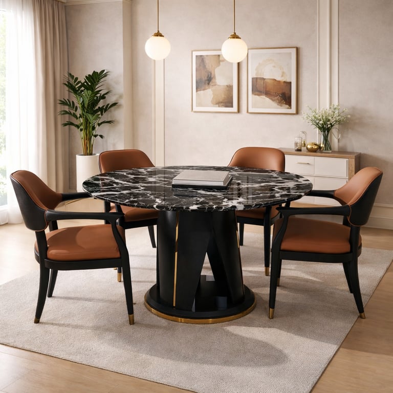 Modern black marble dining table with cognac leather chairs in a luxury dining room.